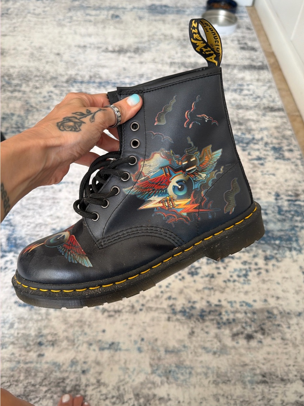 Rick Griffin collab Dr.Martens Black Leather Boot with Multicolor Flame Eyeball - Picture 2 of 4